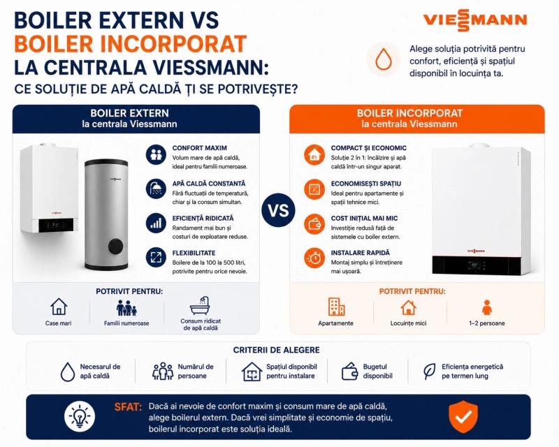 Centrala Viessmann cu boiler incorporat, instant sau boiler extern: ce alegi?